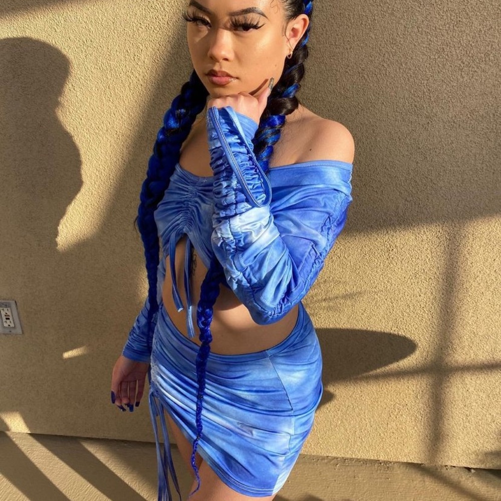 2 piece ruched blue tie dye skirt set